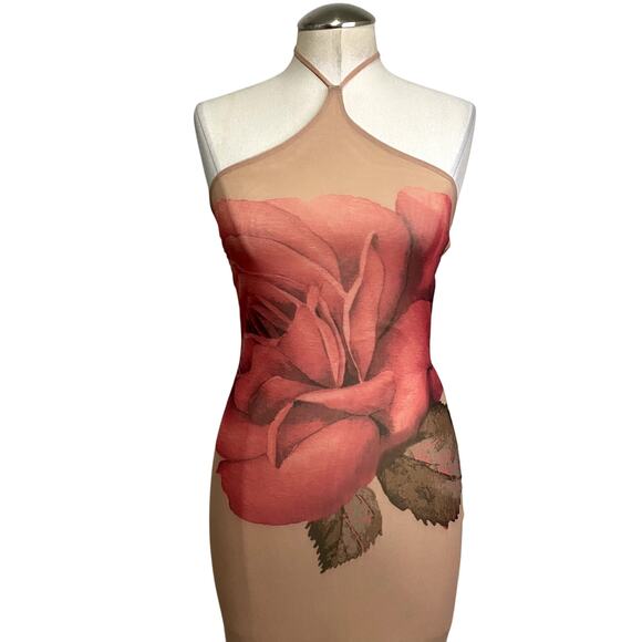 Romantic Rose Mesh Halter Tie Back Bodycon Midi Dress Burnout - Picture 4 of 12